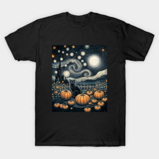 Starry night, Cats in the Pumpkin Patch, meow sterious night, skull and Halloween, autumn, Black Cat Witch, Pumpking Purrs, Spooky Season Halloween T-Shirt