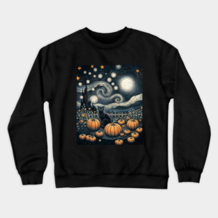 Starry night, Cats in the Pumpkin Patch, meow sterious night, skull and Halloween, autumn, Black Cat Witch, Pumpking Purrs, Spooky Season Halloween Crewneck Sweatshirt