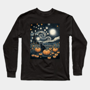 Starry night, Cats in the Pumpkin Patch, meow sterious night, skull and Halloween, autumn, Black Cat Witch, Pumpking Purrs, Spooky Season Halloween Long Sleeve T-Shirt
