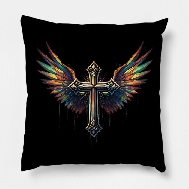 Cross and Wings Pillow by UrbanLifeApparel