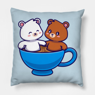 Cute Polar Bear And Cute Bear Relaxing In Cup Coffee Cartoon Pillow