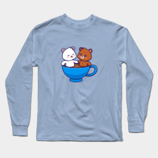 Cute Polar Bear And Cute Bear Relaxing In Cup Coffee Cartoon Long Sleeve T-Shirt