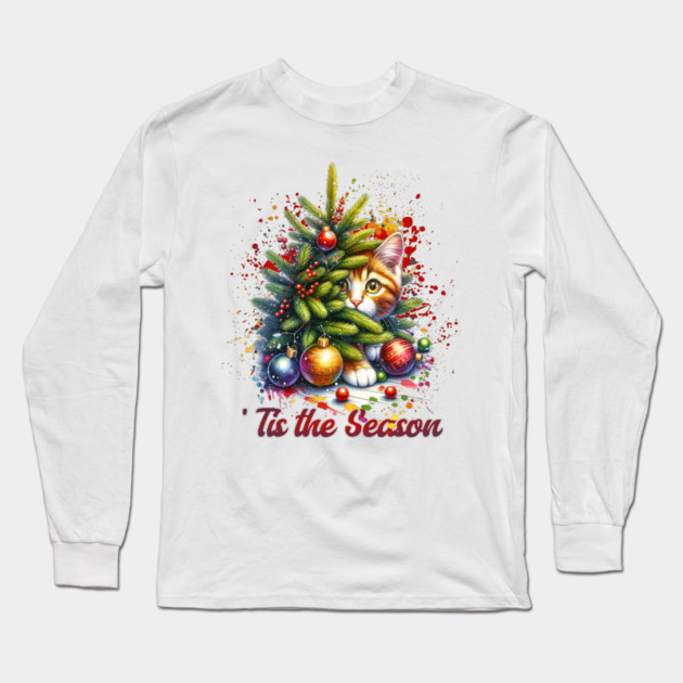 Cat hiding behind Christmas Tree Long Sleeve T-Shirt by HolidayBug