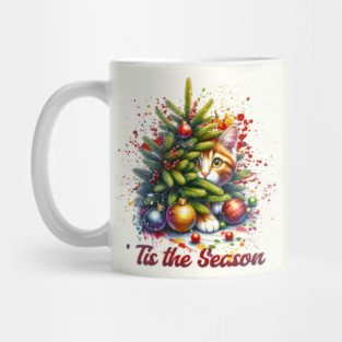 Cat hiding behind Christmas Tree Mug