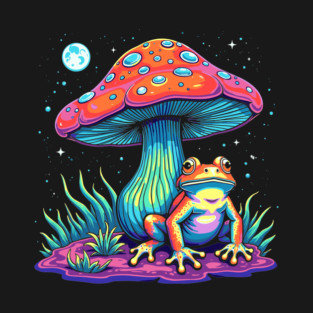 Psychedelic Frog Under Mushroom Trippy Art T-Shirt