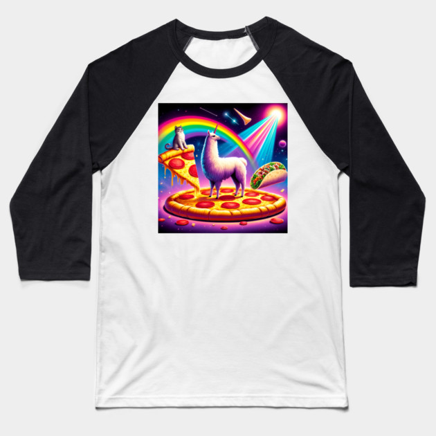 Funny Cool Llama Alpaca with Pizza and Cat Vibrant Baseball T-Shirt by logiamerch
