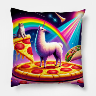 Funny Cool Llama Alpaca with Pizza and Cat Vibrant Pillow