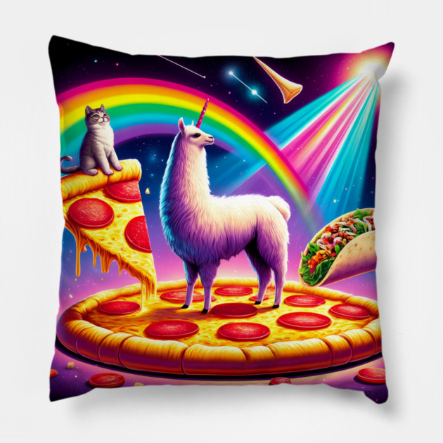 Funny Cool Llama Alpaca with Pizza and Cat Vibrant Pillow by logiamerch
