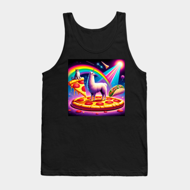 Funny Cool Llama Alpaca with Pizza and Cat Vibrant Tank Top by logiamerch