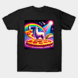 Funny Cool Llama Alpaca with Pizza and Cat Vibrant T-Shirt