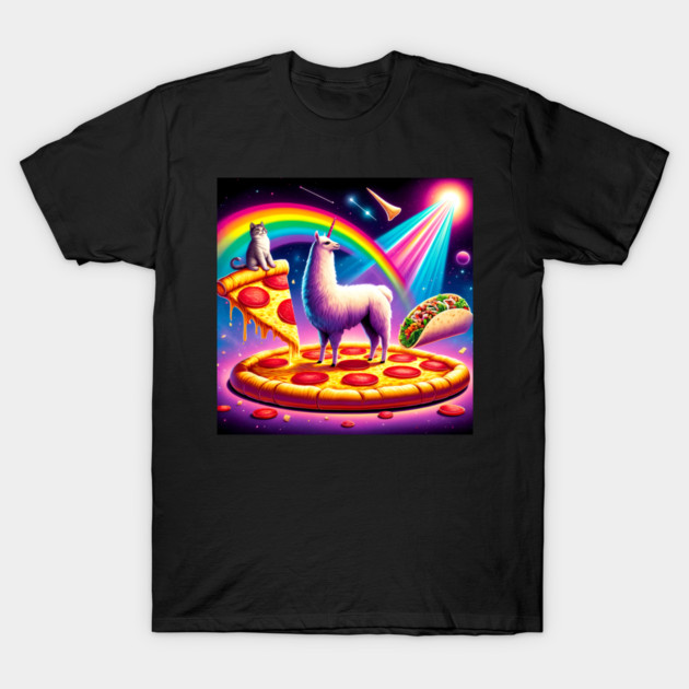 Funny Cool Llama Alpaca with Pizza and Cat Vibrant T-Shirt by logiamerch