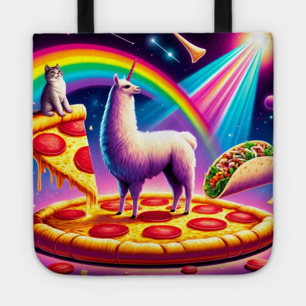 Funny Cool Llama Alpaca with Pizza and Cat Vibrant Tote by logiamerch