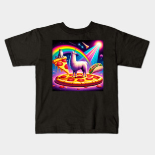 Funny Cool Llama Alpaca with Pizza and Cat Vibrant Kids T-Shirt