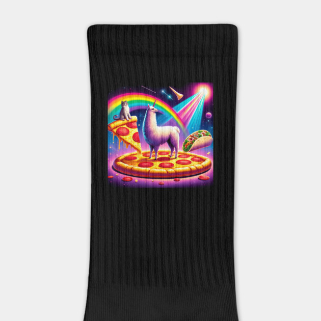 Funny Cool Llama Alpaca with Pizza and Cat Vibrant by logiamerch