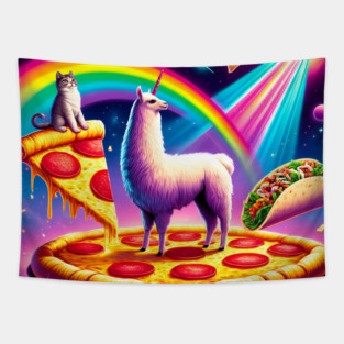 Funny Cool Llama Alpaca with Pizza and Cat Vibrant Tapestry