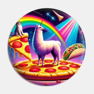 Funny Cool Llama Alpaca with Pizza and Cat Vibrant Pin