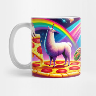 Funny Cool Llama Alpaca with Pizza and Cat Vibrant Mug