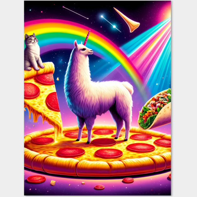 Funny Cool Llama Alpaca with Pizza and Cat Vibrant Wall Art by logiamerch