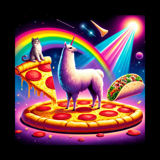 Funny Cool Llama Alpaca with Pizza and Cat Vibrant by logiamerch