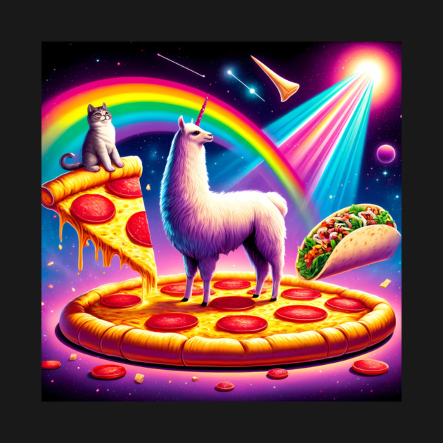 Funny Cool Llama Alpaca with Pizza and Cat Vibrant by logiamerch
