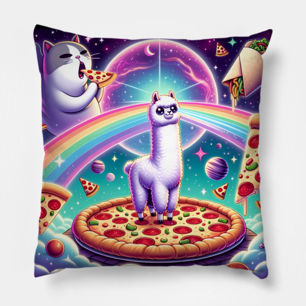 Funny Cat, Llama Alpaca with Pizza and Tacos Vibrant Pillow by logiamerch