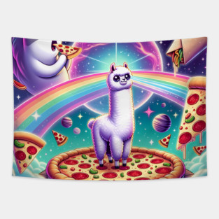 Funny Cat, Llama Alpaca with Pizza and Tacos Vibrant Tapestry