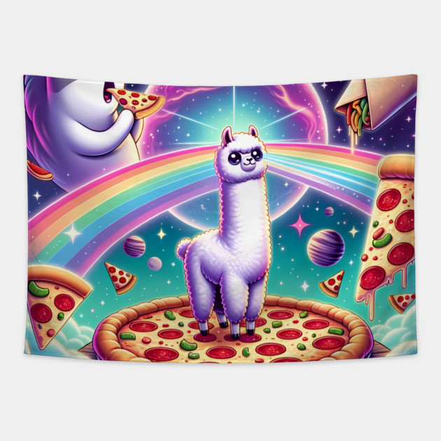Funny Cat, Llama Alpaca with Pizza and Tacos Vibrant Tapestry by logiamerch
