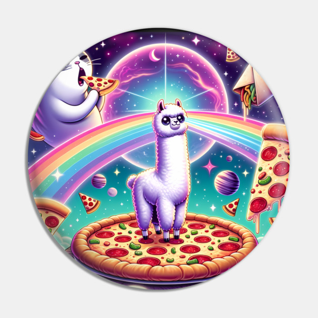 Funny Cat, Llama Alpaca with Pizza and Tacos Vibrant Pin by logiamerch