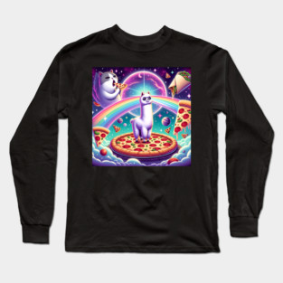 Funny Cat, Llama Alpaca with Pizza and Tacos Vibrant Long Sleeve T-Shirt