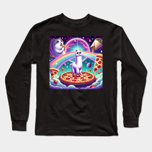 Funny Cat, Llama Alpaca with Pizza and Tacos Vibrant Long Sleeve T-Shirt by logiamerch
