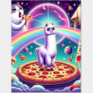 Funny Cat, Llama Alpaca with Pizza and Tacos Vibrant Posters and Art