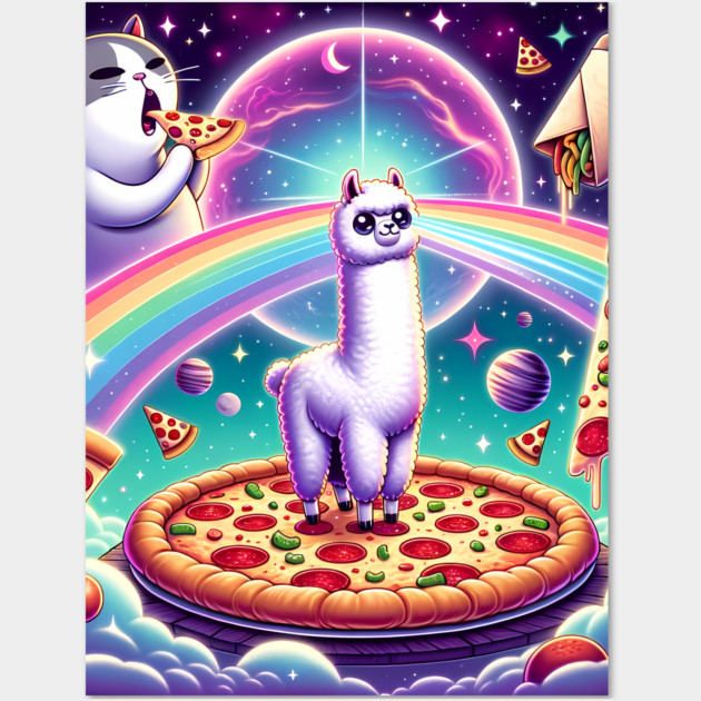 Funny Cat, Llama Alpaca with Pizza and Tacos Vibrant Wall Art by logiamerch