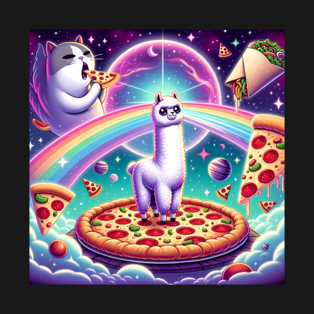 Funny Cat, Llama Alpaca with Pizza and Tacos Vibrant by logiamerch