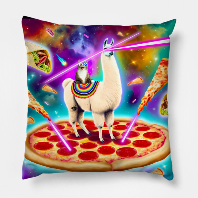 Funny Cat, Llama  with Pizza, Tacos, Lasers Vibrant Pillow by logiamerch