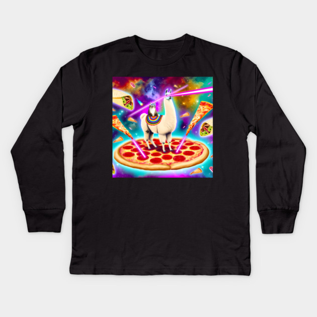 Funny Cat, Llama  with Pizza, Tacos, Lasers Vibrant Kids Long Sleeve T-Shirt by logiamerch