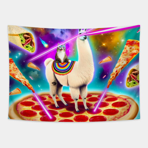 Funny Cat, Llama  with Pizza, Tacos, Lasers Vibrant Tapestry by logiamerch