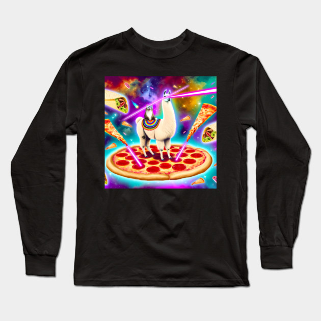 Funny Cat, Llama  with Pizza, Tacos, Lasers Vibrant Long Sleeve T-Shirt by logiamerch