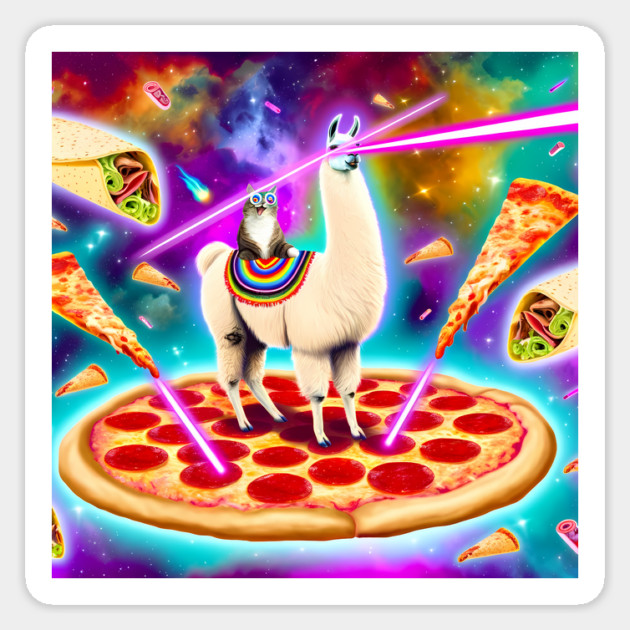 Funny Cat, Llama  with Pizza, Tacos, Lasers Vibrant Sticker by logiamerch