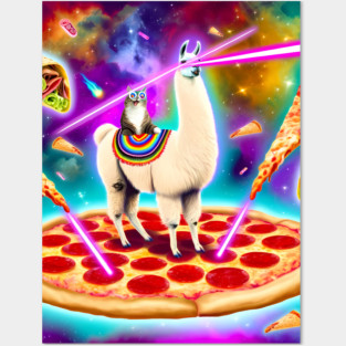 Funny Cat, Llama  with Pizza, Tacos, Lasers Vibrant Posters and Art
