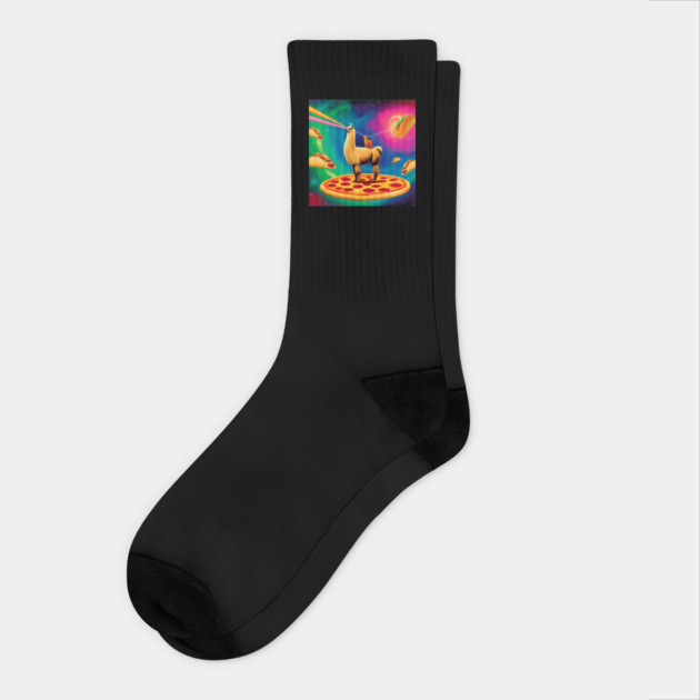 Funny Cat, Llama  with Pizza, Tacos, Lasers Vibrant Socks by logiamerch