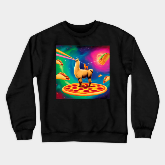 Funny Cat, Llama  with Pizza, Tacos, Lasers Vibrant Crewneck Sweatshirt by logiamerch