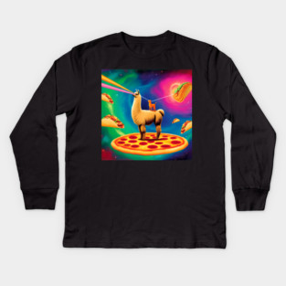 Funny Cat, Llama  with Pizza, Tacos, Lasers Vibrant Kids Long Sleeve T-Shirt