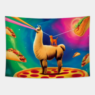 Funny Cat, Llama  with Pizza, Tacos, Lasers Vibrant Tapestry