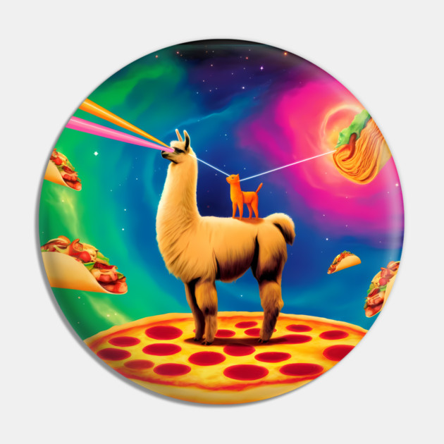 Funny Cat, Llama  with Pizza, Tacos, Lasers Vibrant Pin by logiamerch