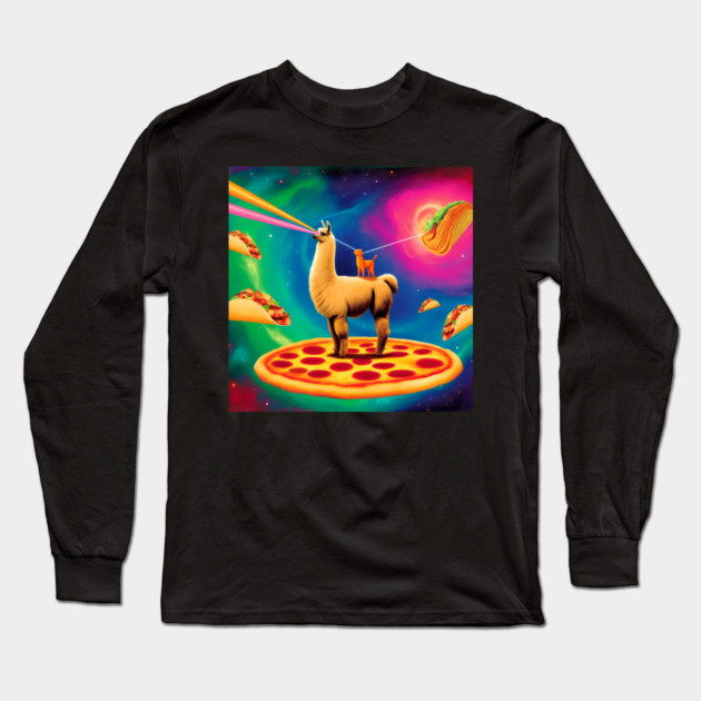 Funny Cat, Llama  with Pizza, Tacos, Lasers Vibrant Long Sleeve T-Shirt by logiamerch