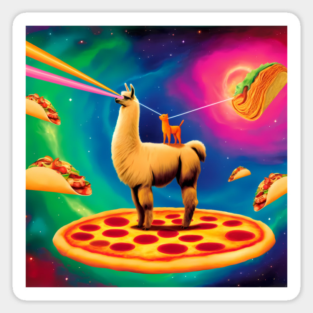 Funny Cat, Llama  with Pizza, Tacos, Lasers Vibrant Sticker by logiamerch