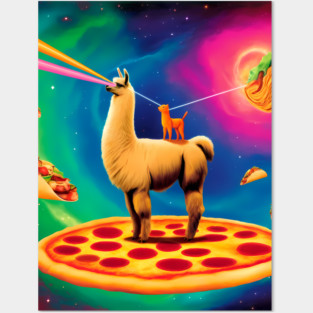 Funny Cat, Llama  with Pizza, Tacos, Lasers Vibrant Posters and Art