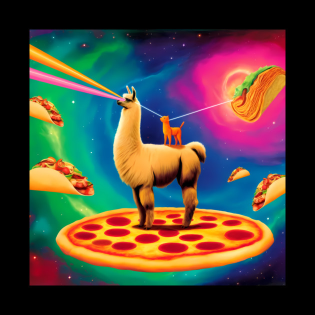 Funny Cat, Llama  with Pizza, Tacos, Lasers Vibrant by logiamerch