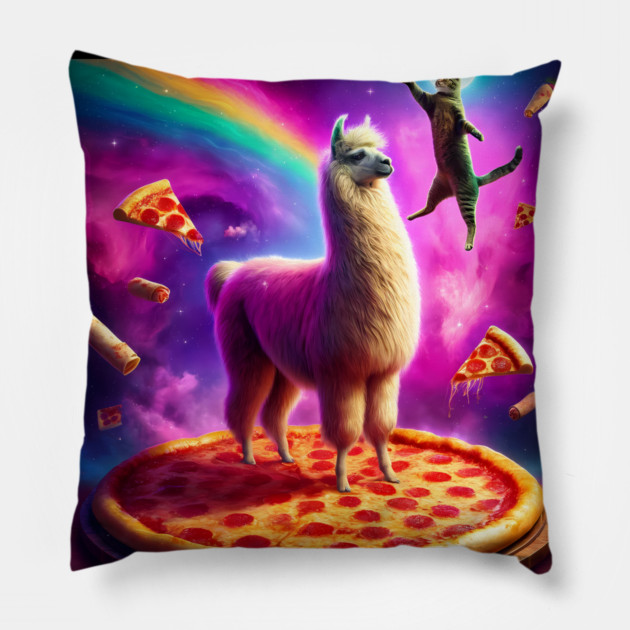 Funny Cat, Llama with Pizza and Tacos Vibrant Pillow by logiamerch