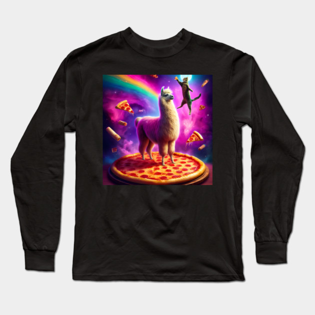 Funny Cat, Llama with Pizza and Tacos Vibrant Long Sleeve T-Shirt by logiamerch
